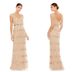 Mac Duggal cap sleeve sequin beaded embellished column gown nude 11175